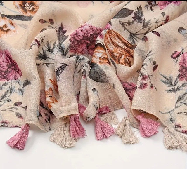 THH04 Beige and Floral Scarf