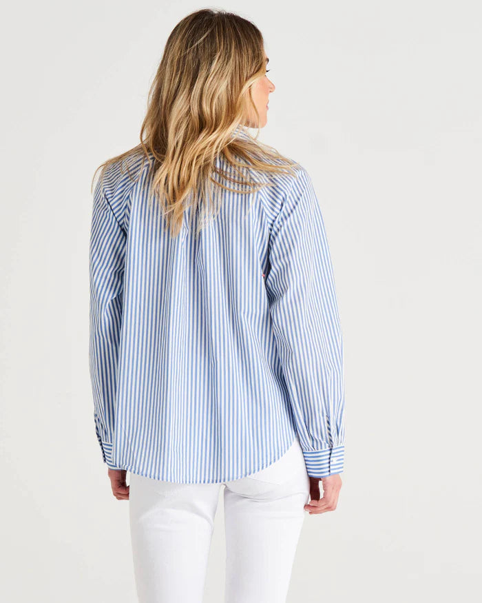 Jackie Relaxed Fit Cotton Button Up Shirt - Iris Blue Stripe.