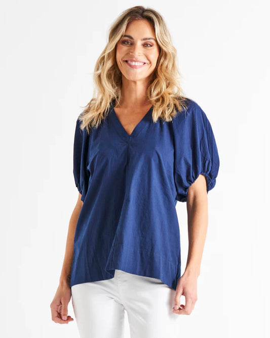 Juliet Puff Sleeve Linen-Blend Blouse - Navy.