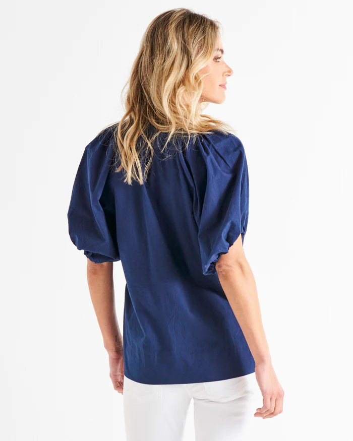 Juliet Puff Sleeve Linen-Blend Blouse - Navy.