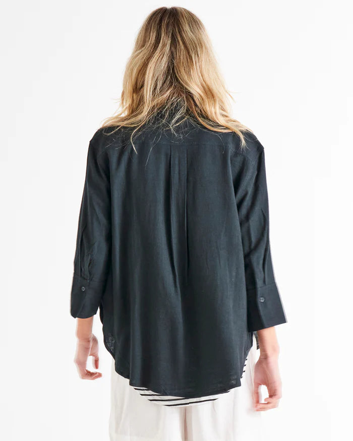 Caprice Relaxed Button-Up Linen-Blend Shirt - Coal.