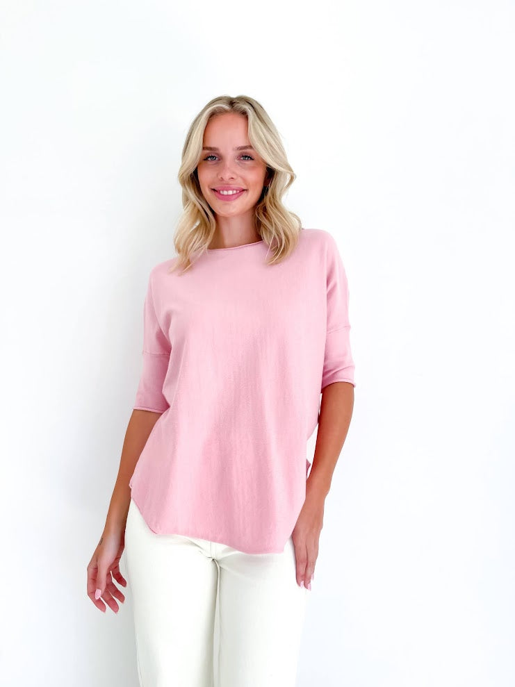 Cotton jumper with 3/4 sleeves and round neckline