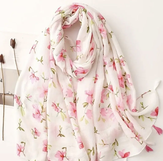 THH03 White and Pink Floral Scarf