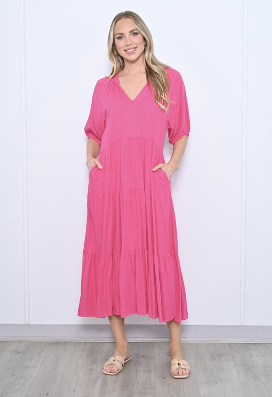 Aria Hot Pink Tiered Cotton Maxi Dress