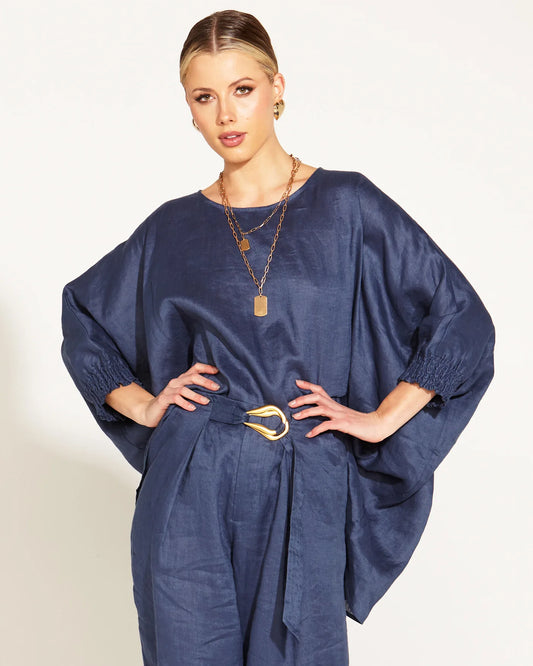 A Walk In The Park Linen Oversized Batwing Top - Navy.