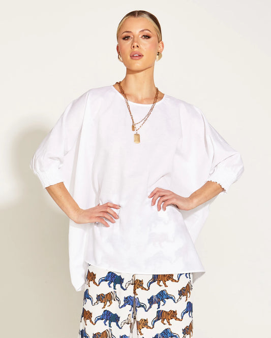 A Walk In The Park Linen Oversized Batwing Top - White.