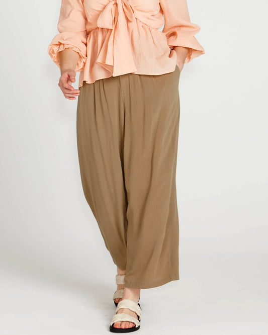 Portia Elasticated Wide Leg Linen-Blend Pants - Khaki.