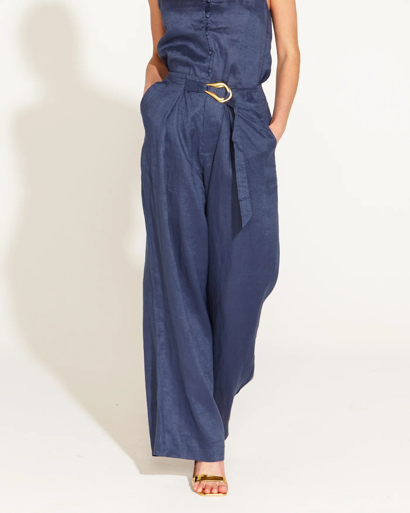 A Walk In The Park High Waisted Belted Wide Linen Leg Pant - Navy.