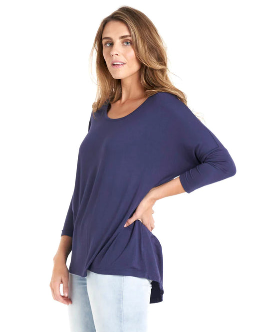 Milan Draped Relaxed 3/4 Sleeve Basic Top - Navy