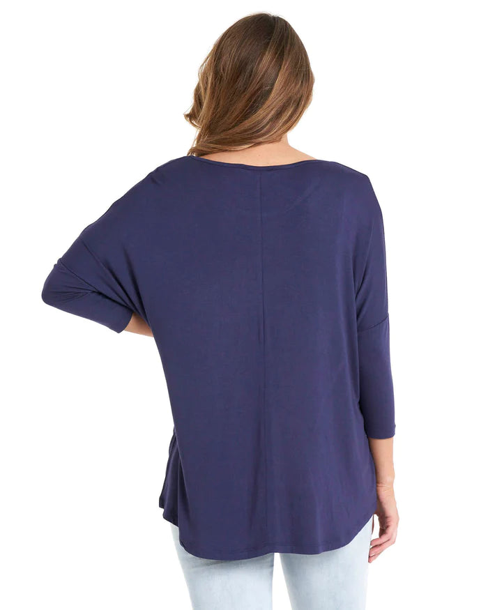 Milan Draped Relaxed 3/4 Sleeve Basic Top - Navy