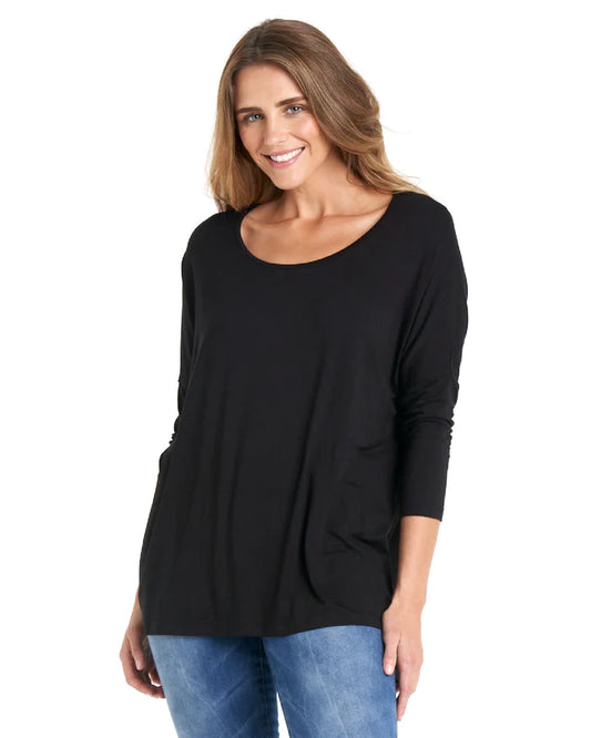 Milan Draped Relaxed 3/4 Sleeve Basic Top - Black