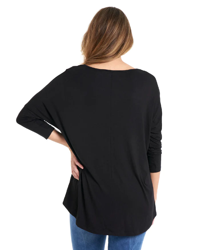 Milan Draped Relaxed 3/4 Sleeve Basic Top - Black