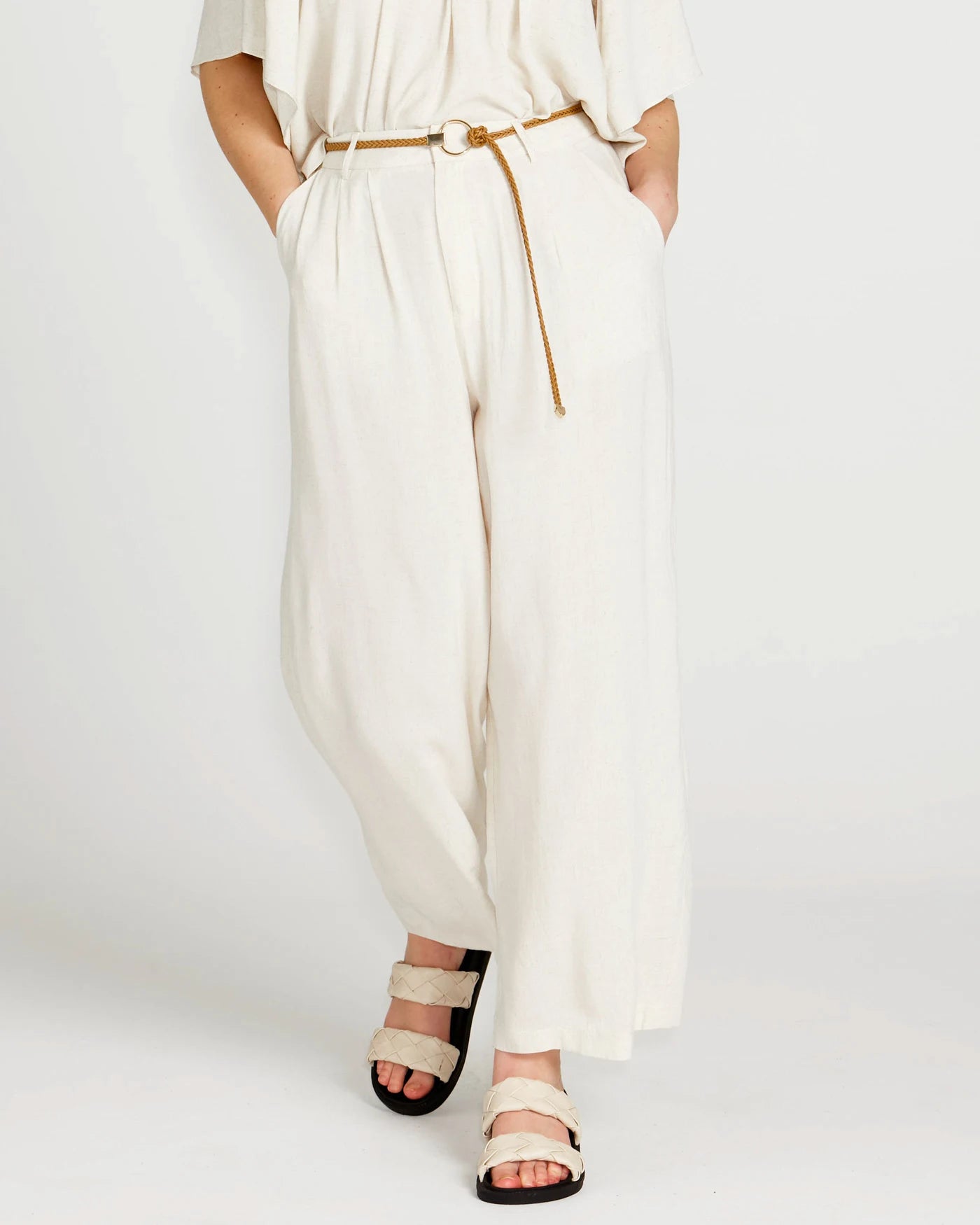 Portia Elasticated Wide Leg Linen-Blend Pants - Oatmeal Beige.