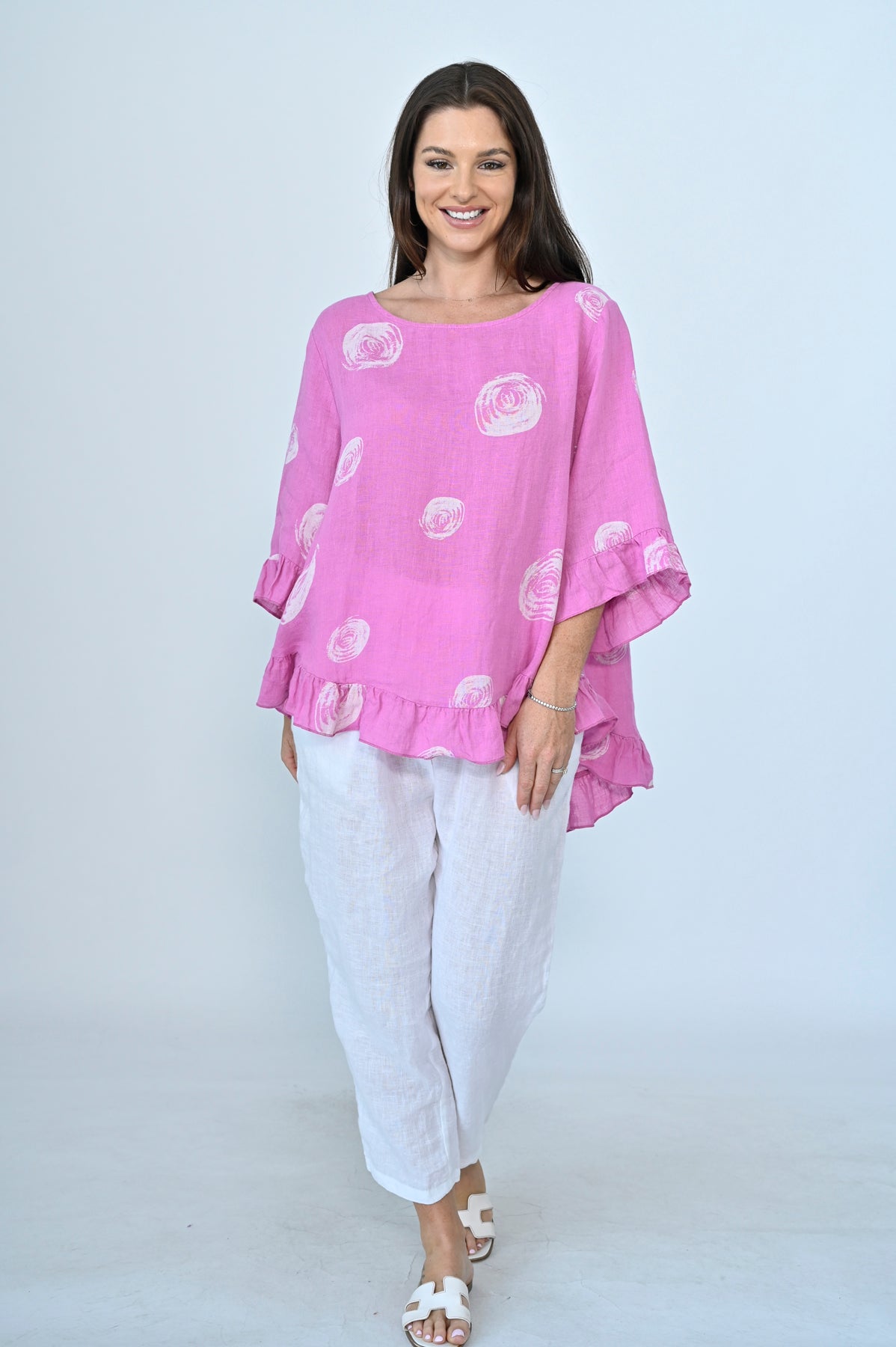 Polly Linen Top - Pink Circles