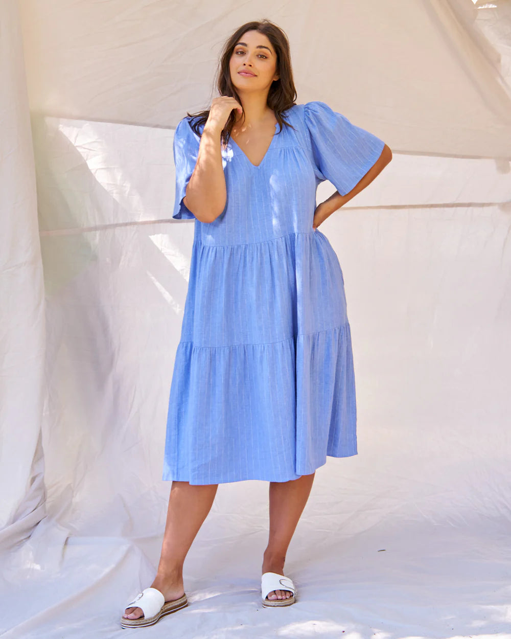 Regina Linen Dress - Berry Blue Stripe