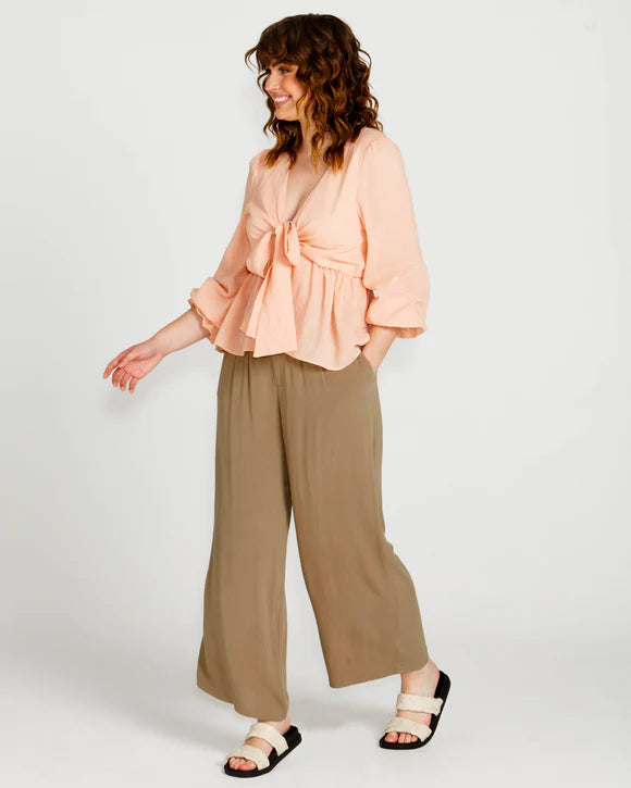 Portia Elasticated Wide Leg Linen-Blend Pants - Khaki.