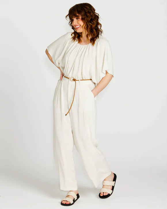 Portia Elasticated Wide Leg Linen-Blend Pants - Oatmeal Beige.