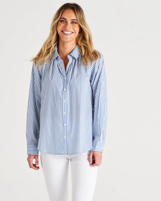 Jackie Relaxed Fit Cotton Button Up Shirt - Iris Blue Stripe.