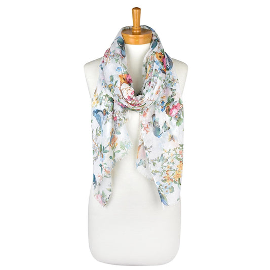 THSS1931: White: Bird Garden Scarf