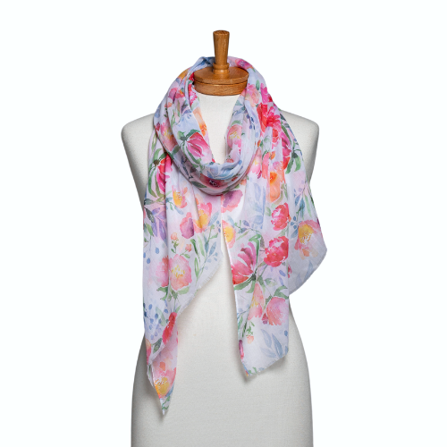 THSS2570: White: Watercolour Floral Scarf