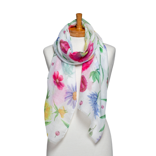 THSS2576: White: Multi Floral Arrangement Scarf.