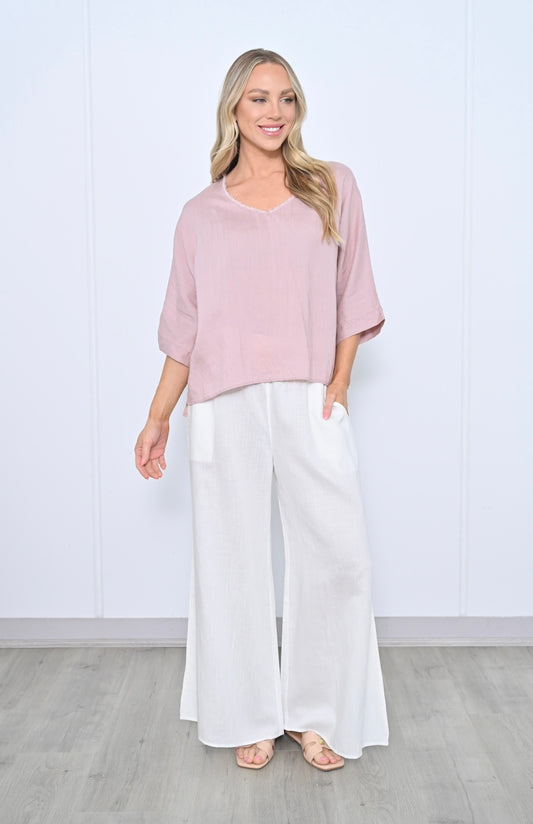 Sandy V-Neck Linen Top - Pink