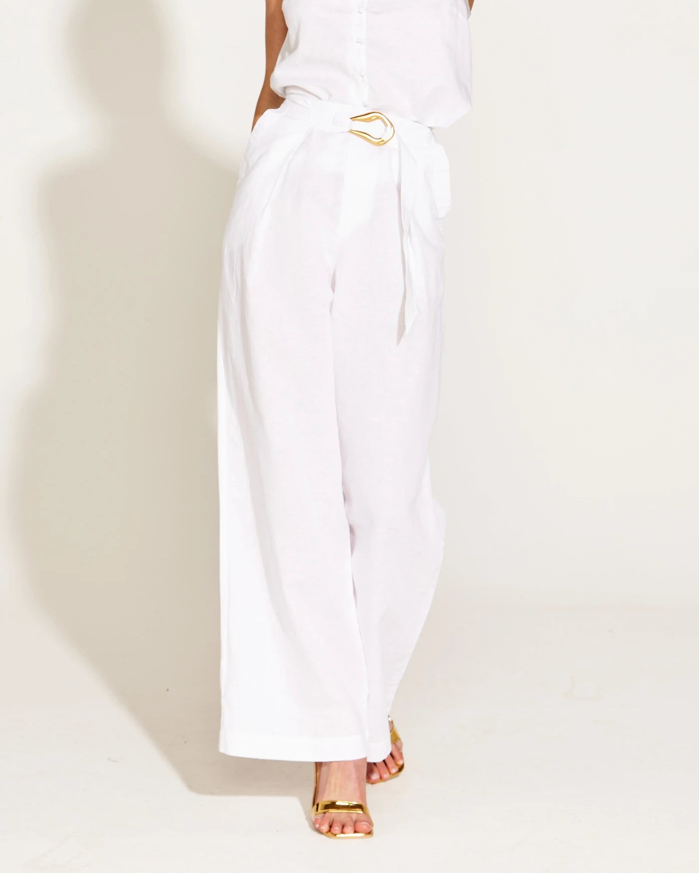 A Walk In The Park High Waisted Belted Wide Linen Leg Pant - White.